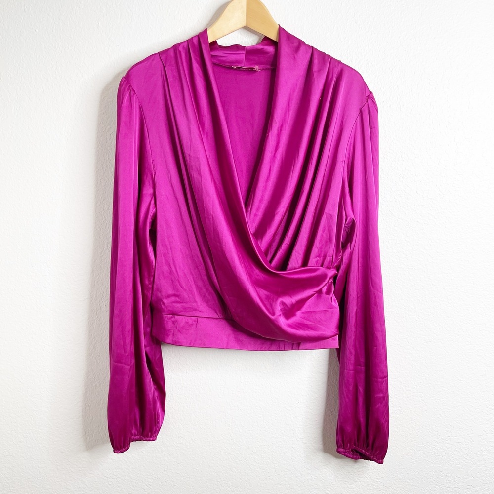 Pink Lily Magenta Satin Surplice‎ Wrap Blouse Long Sleeve Smocked Back 2XL